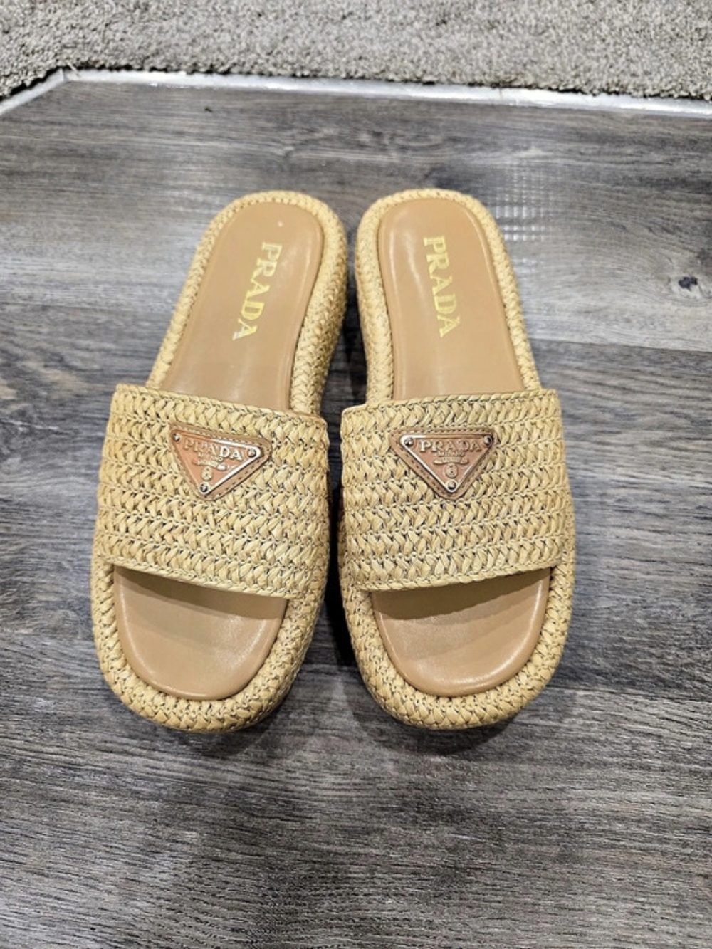 Raffia Slide Sandals Woven Logo Mules Brown-